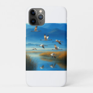 Serene Nature Lake Scene with Flying cranes iPhone 11 Pro Case
