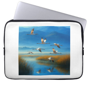 Serene Nature Lake Scene with Flying cranes Laptop Sleeve
