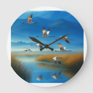Serene Nature Lake Scene with Flying cranes Large Clock