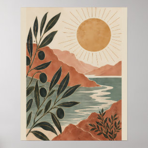 Serene Nature Landscape with Warm Golden Sun and E Poster