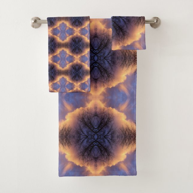 Serene Nature Tree Branches and Clouds Mandala Bath Towel Set (Insitu)