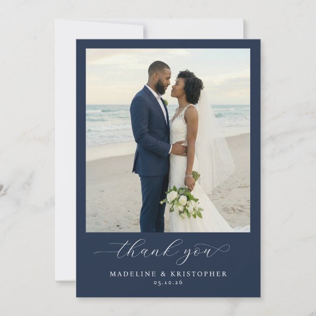 Serene Navy Beach Photo Thank You Card (Front)
