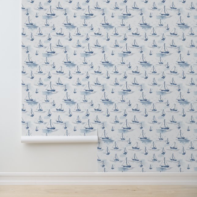 Serene Navy Blue Small Sailing Boats Pattern Wallpaper (Application)