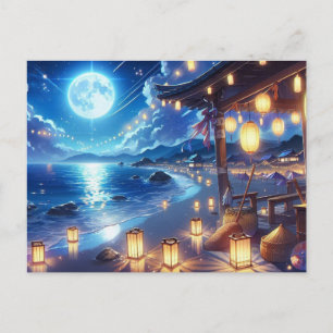 Serene Night Festival by the Ocean Painting Postcard