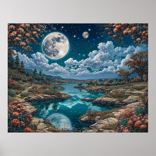 Serene Night Landscape Featuring Full Moon Poster (Front)