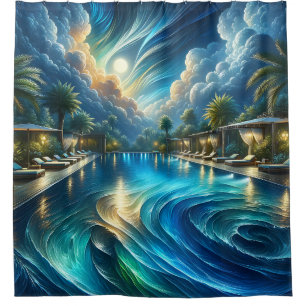 “Serene Night Pool Scene - Vibrant Outdoor Art” Shower Curtain