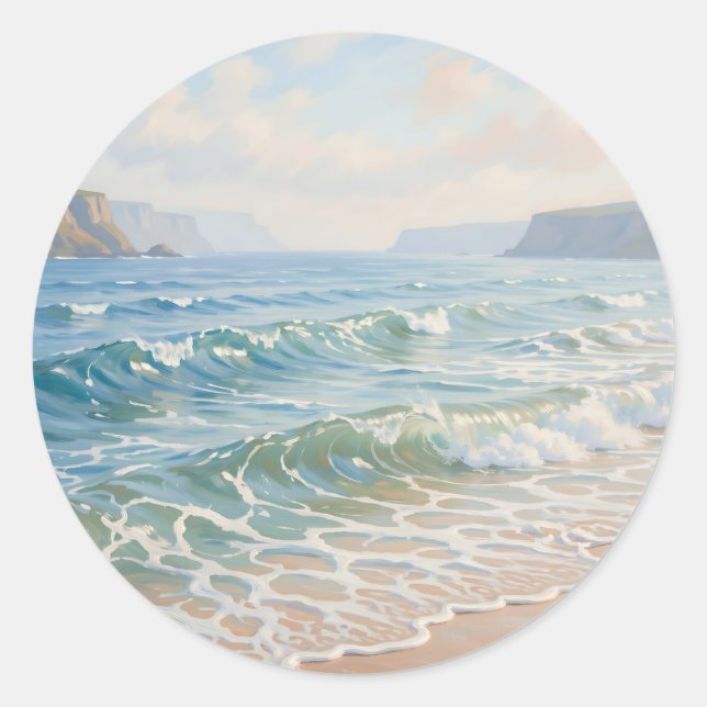 Serene Ocean Waves Crashing Sandy Beach Coastal  Classic Round Sticker (Front)