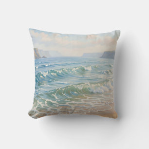 Serene Ocean Waves Crashing Sandy Beach Coastal Cushion
