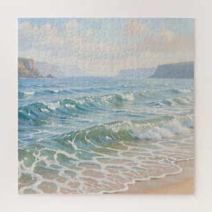 Serene Ocean Waves Crashing Sandy Beach Coastal Jigsaw Puzzle