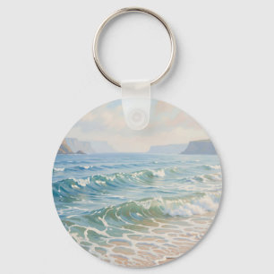 Serene Ocean Waves Crashing Sandy Beach Coastal Key Ring