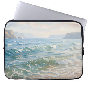 Serene Ocean Waves Crashing Sandy Beach Coastal Laptop Sleeve