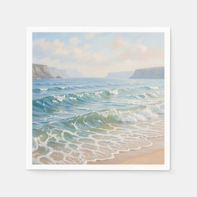 Serene Ocean Waves Crashing Sandy Beach Coastal  Napkin (Front)