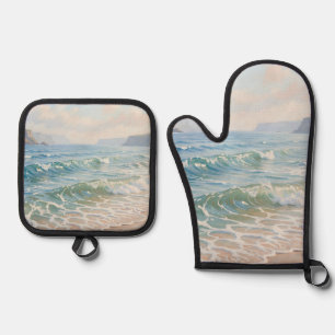 Serene Ocean Waves Crashing Sandy Beach Coastal Oven Mitt & Pot Holder Set
