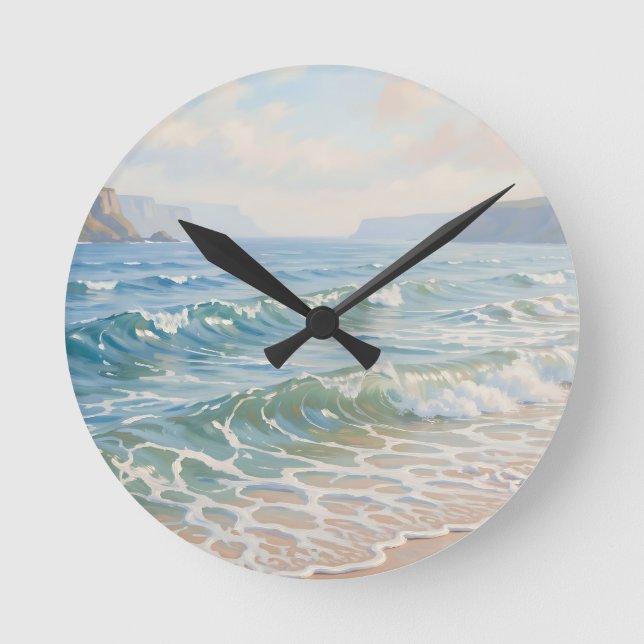 Serene Ocean Waves Crashing Sandy Beach Coastal  Round Clock (Front)