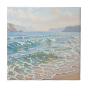 Serene Ocean Waves Crashing Sandy Beach Coastal  Tile