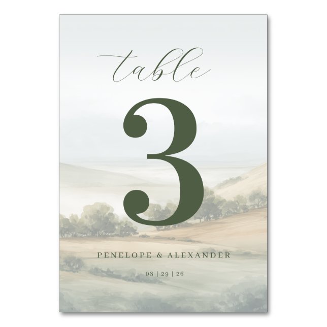 Serene Olive Landscape Table Number (Front)