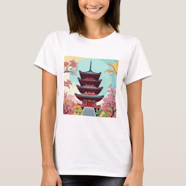 Serene Pagoda Amidst Blossoming Trees - Japanese  T-Shirt (Front)