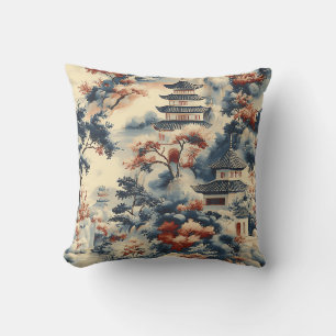 Serene Pagodas in a Mountainous Landscape Cushion