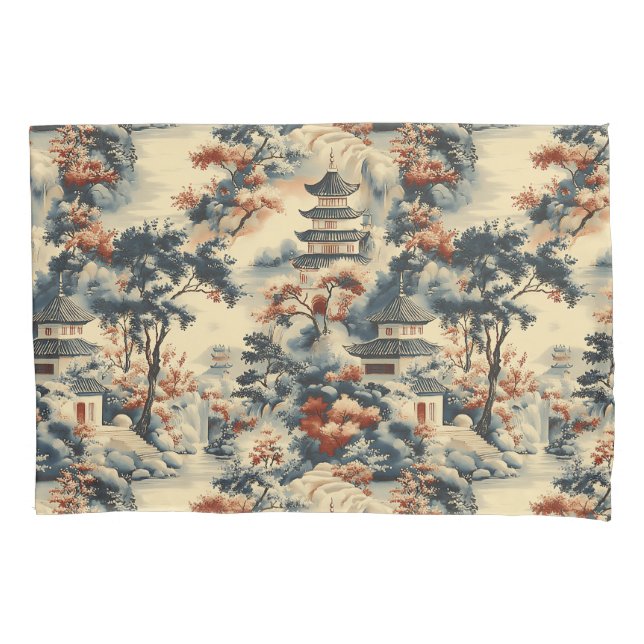 Serene Pagodas in a Mountainous Landscape Pillowcase (Front)