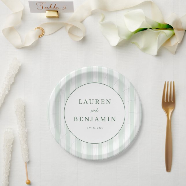 Serene Pale Green Stripes Paper Plate (Wedding)