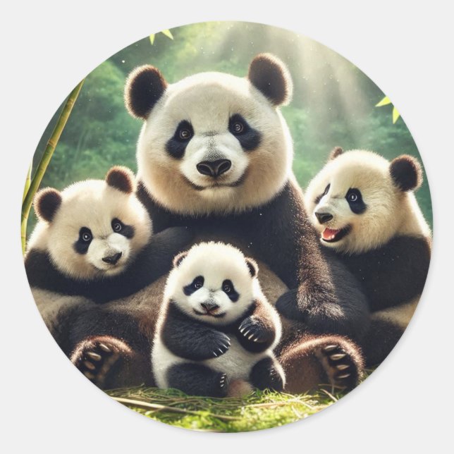 "Serene Panda Family in the Forest Sticker" Classic Round Sticker (Front)
