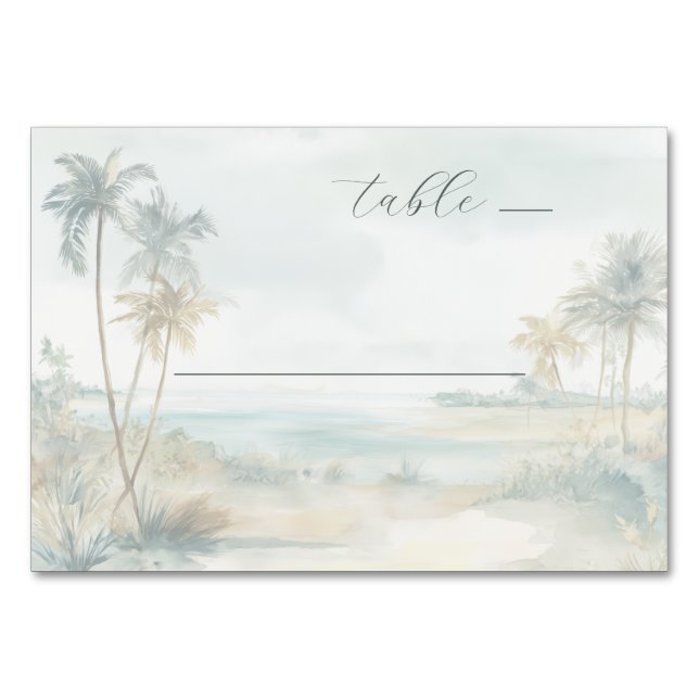 Serene Pastel Watercolor Beach Scene Table Number (Front)