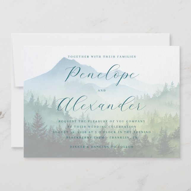 Serene Pastel Watercolor Mountain Landscape Invitation (Front)