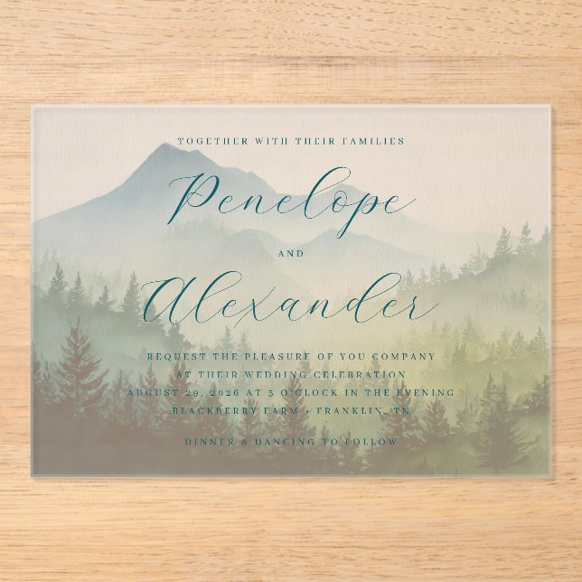 Serene Pastel Watercolor Mountains Acrylic Invitations (Front)