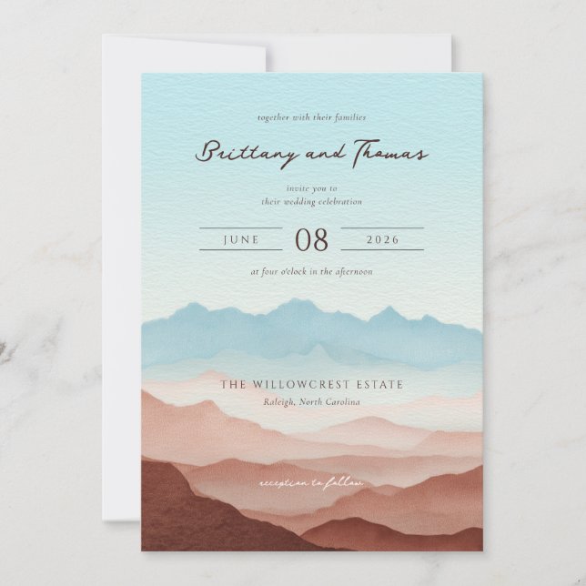 Serene Pastel Watercolor Mountains Invitation (Front)