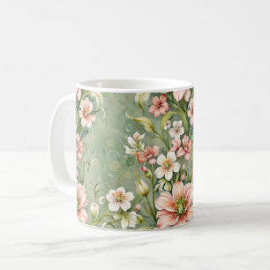 Serene Pink and White Flowers on Sage Coffee Mug