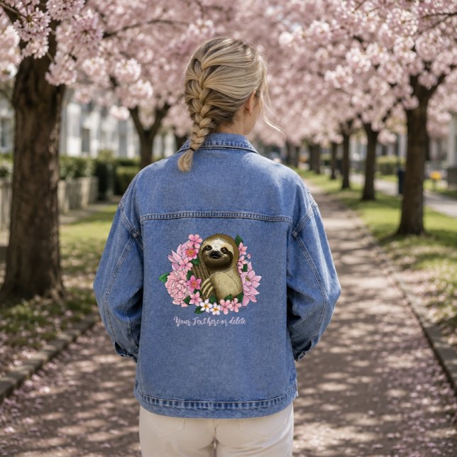 Serene Pink Lighthearted Sloth Floral Denim Jacket (Creator Uploaded)