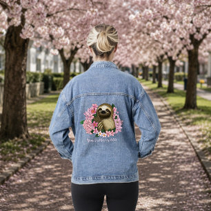 Serene Pink Lighthearted Sloth Floral Denim Jacket
