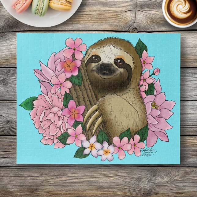 Serene Pink Lighthearted Sloth Floral Jigsaw Puzzle (Creator Uploaded)