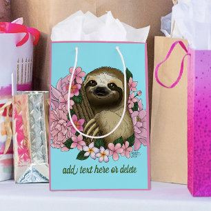 Serene Pink Lighthearted Sloth Floral Medium Gift Bag