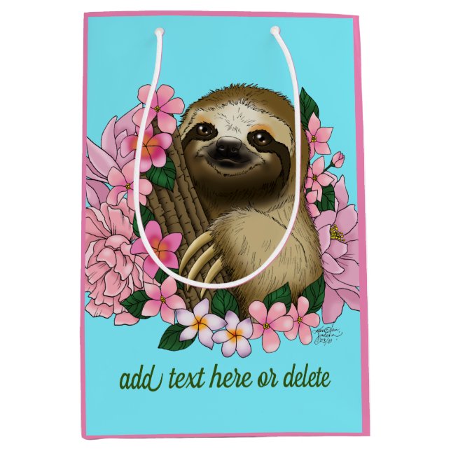 Serene Pink Lighthearted Sloth Floral Medium Gift Bag (Front)