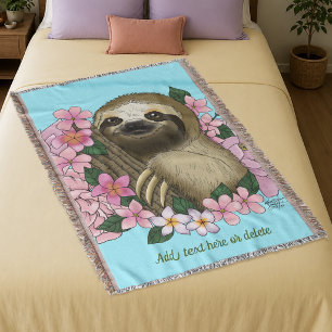 Serene Pink Lighthearted Sloth Floral Throw Blanket