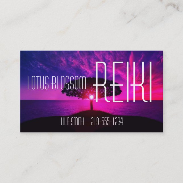 Serene Pink Sunset and Tree Reiki Business Card (Front)