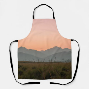 Serene Pink Sunset Mountains Wild Grass Landscape  Apron