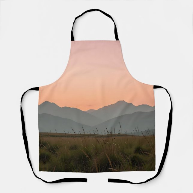 Serene Pink Sunset Mountains Wild Grass Landscape  Apron (Front)