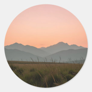Serene Pink Sunset Mountains Wild Grass Landscape Classic Round Sticker
