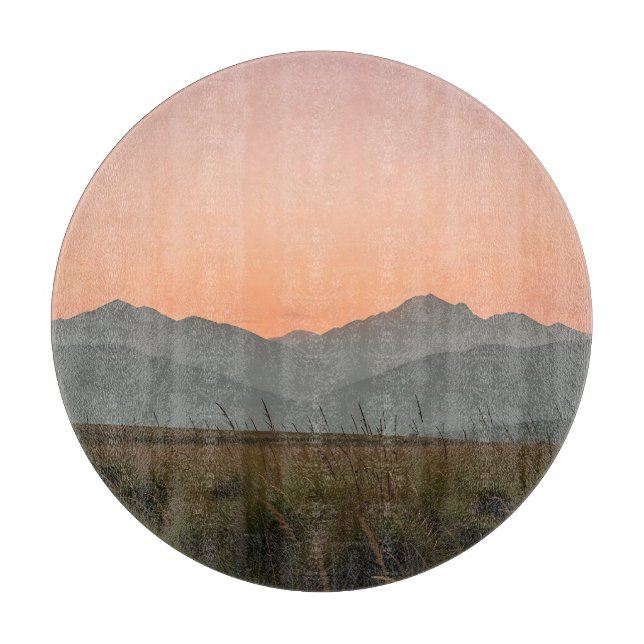 Serene Pink Sunset Mountains Wild Grass Landscape  Cutting Board (Front)