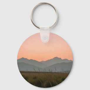 Serene Pink Sunset Mountains Wild Grass Landscape Key Ring