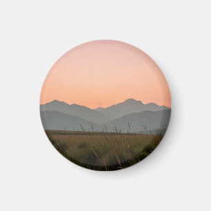 Serene Pink Sunset Mountains Wild Grass Landscape  Magnet