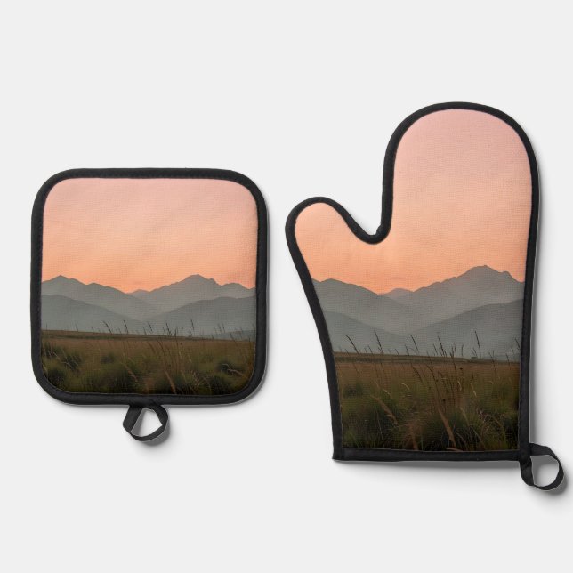 Serene Pink Sunset Mountains Wild Grass Landscape  Oven Mitt & Pot Holder Set (Front)