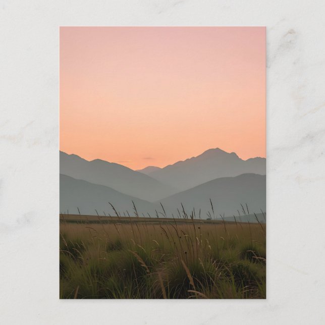 Serene Pink Sunset Mountains Wild Grass Landscape  Postcard (Front)