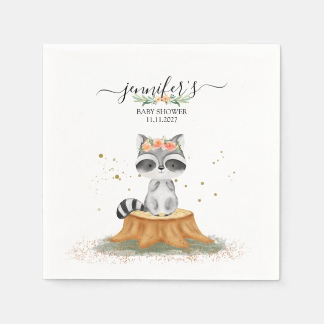 Serene Racoon Forest Baby Party Napkin (Front)