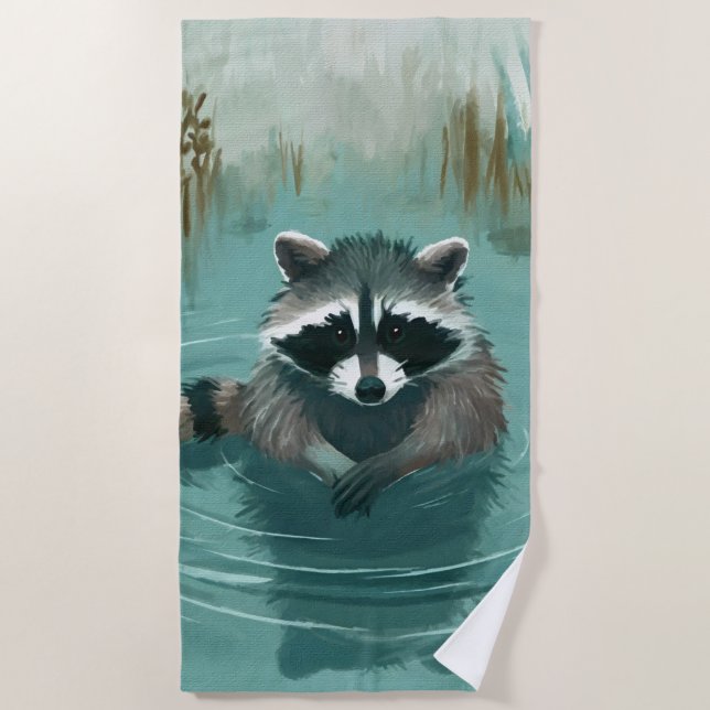 Serene Racoon in Tranquil Waters Beach Towel (Front)