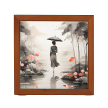 Serene Rainy Path Art with Floral Accents