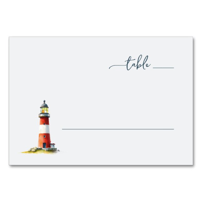 Serene Red Watercolor Lighthouse Table Number (Front)