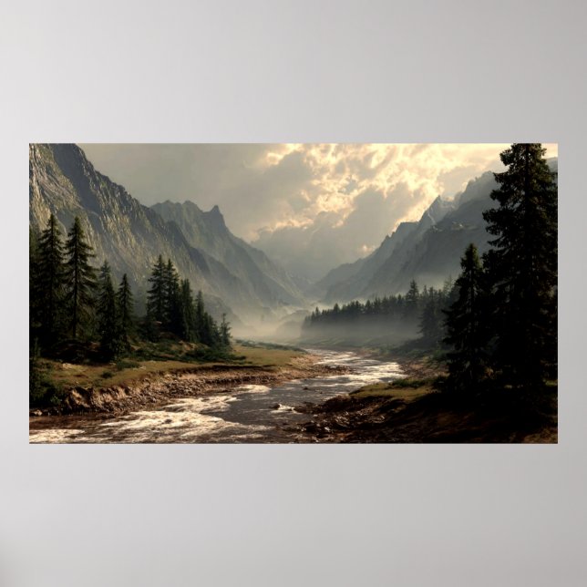 Serene River Flowing Through Mountain Hill Valley  Poster (Front)